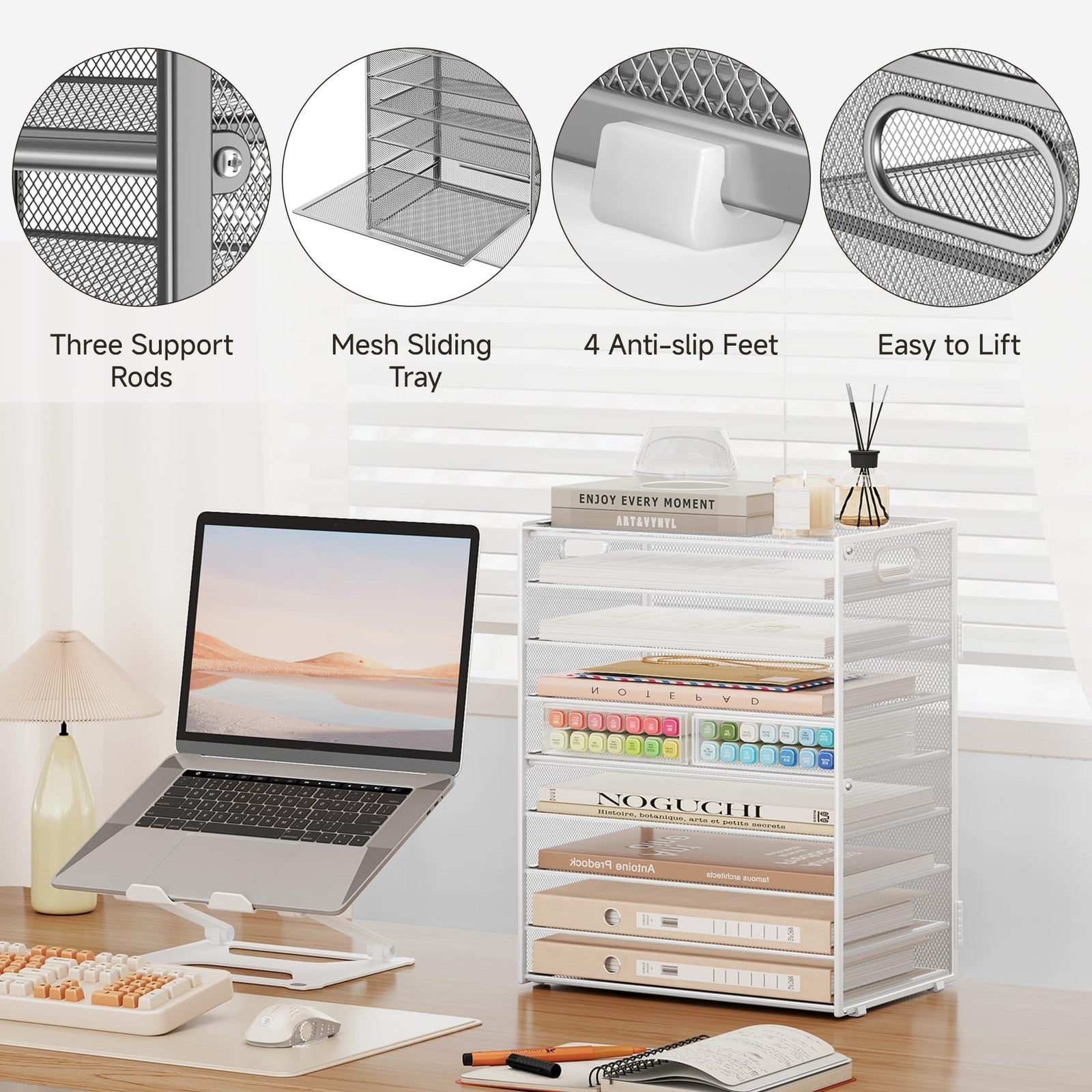 SUBEKYU 9-tier white metal mesh paper letter tray desk organizer with handles for office organization and document storage