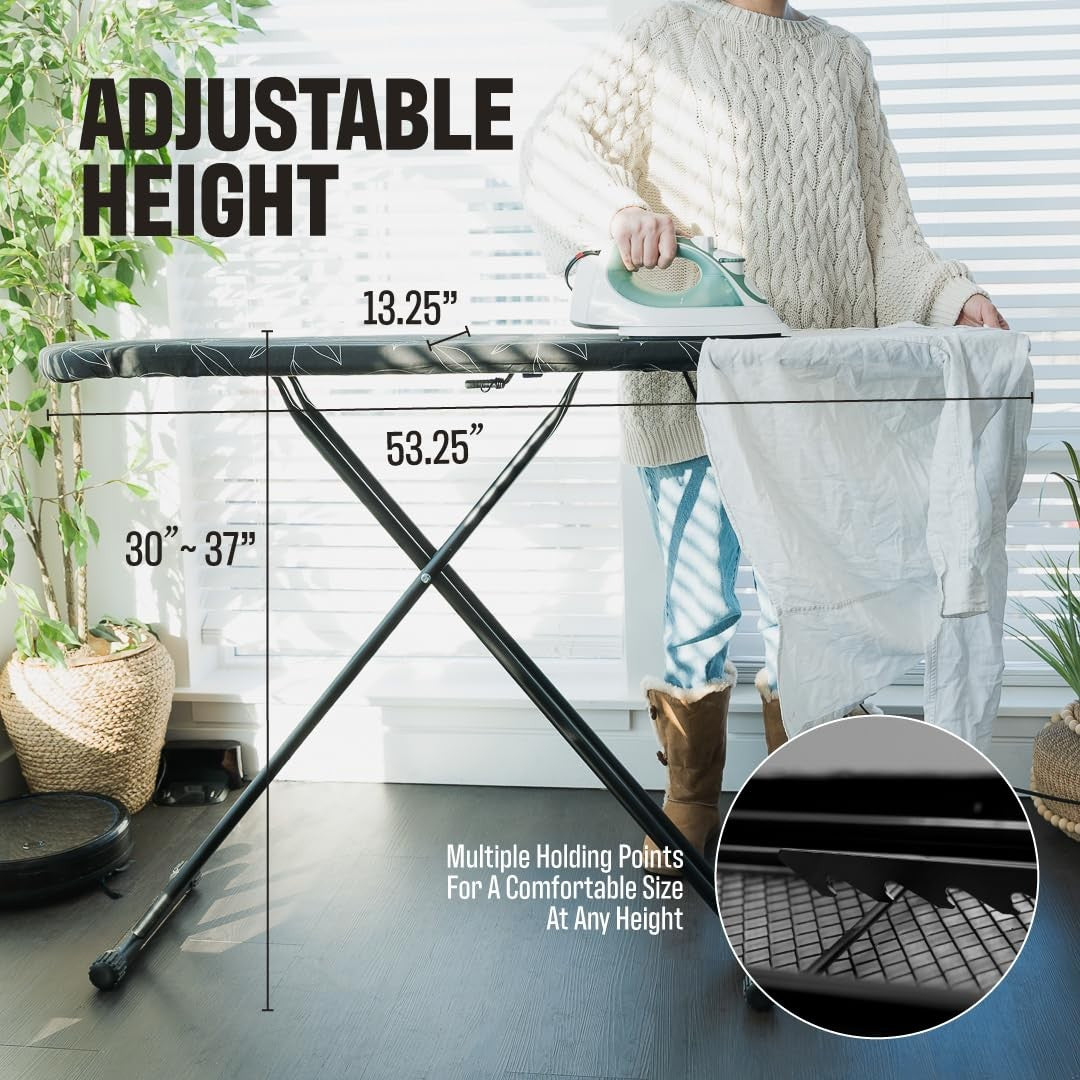 Standard full-size ironing board by Angora Brands with a padded surface, sturdy metal legs, and a smooth ironing surface.
