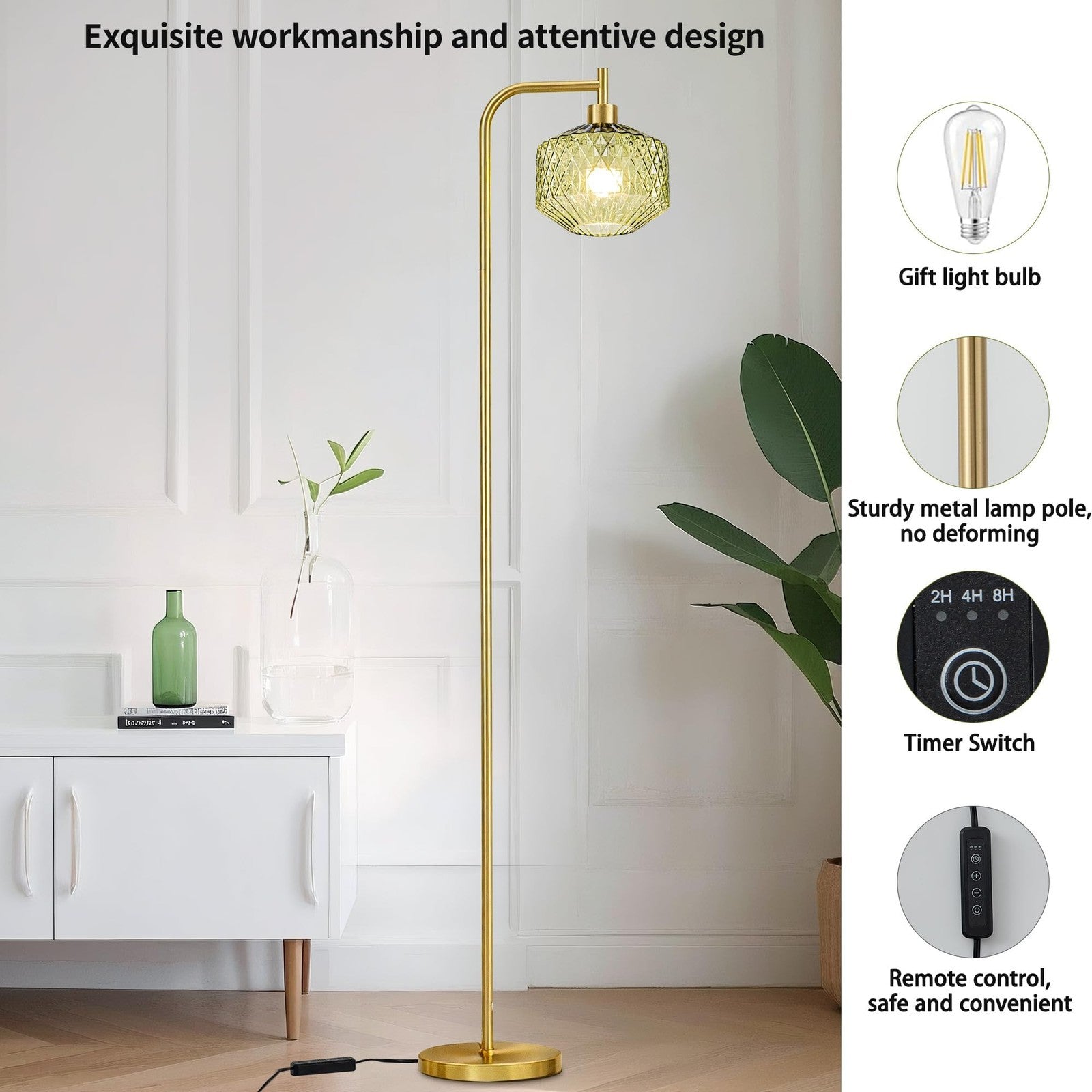Emerald green ribbed glass Mayna mid-century modern floor lamp with standing base and sleek design.
