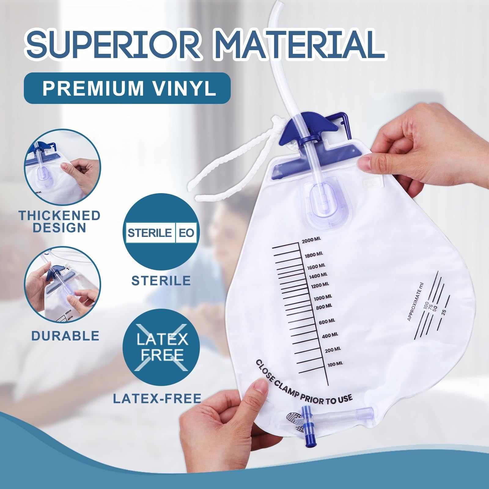 Set of 10 YOOGUSTO urinary drainage bags with 2000ml capacity, anti-reflux chamber, and 48-inch flexible drainage tubing.