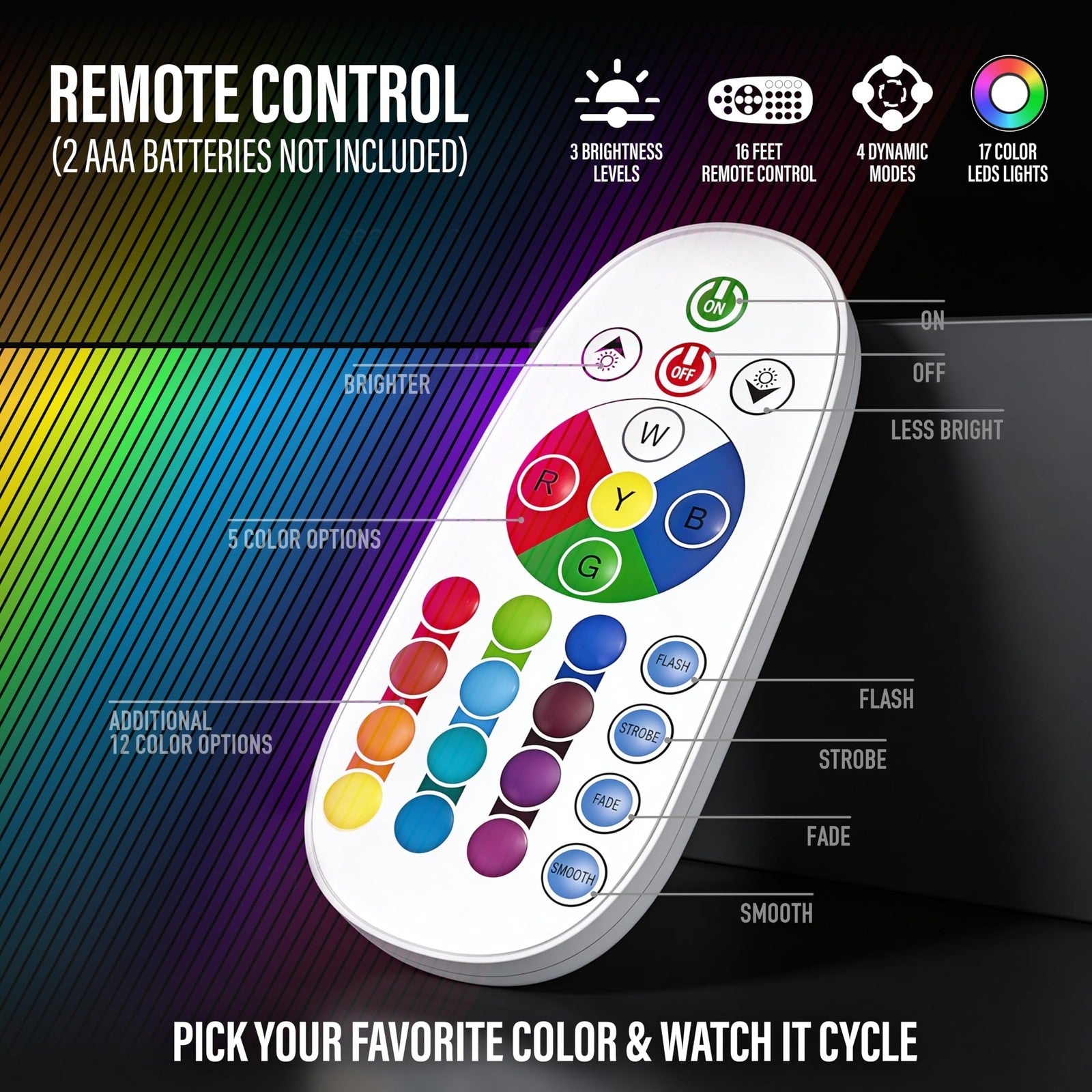 JAMBO 17-color changing LED motion lamp with remote control, 16-inch light for kids and teens, glowing with vibrant colors.