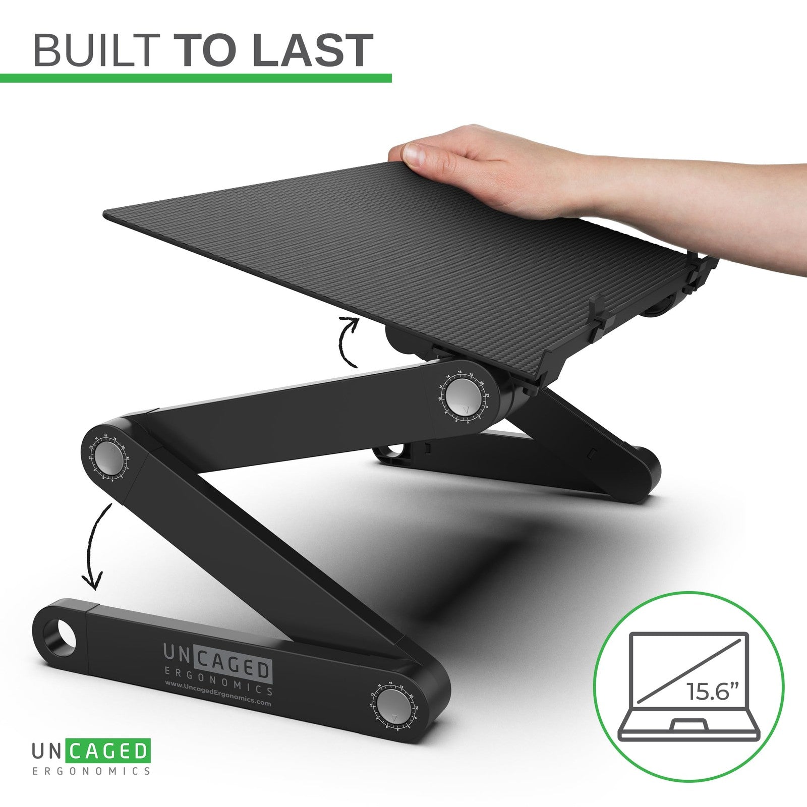 Uncaged Ergonomics WorkEZ adjustable laptop stand with ergonomic design and height adjustment for desks.
