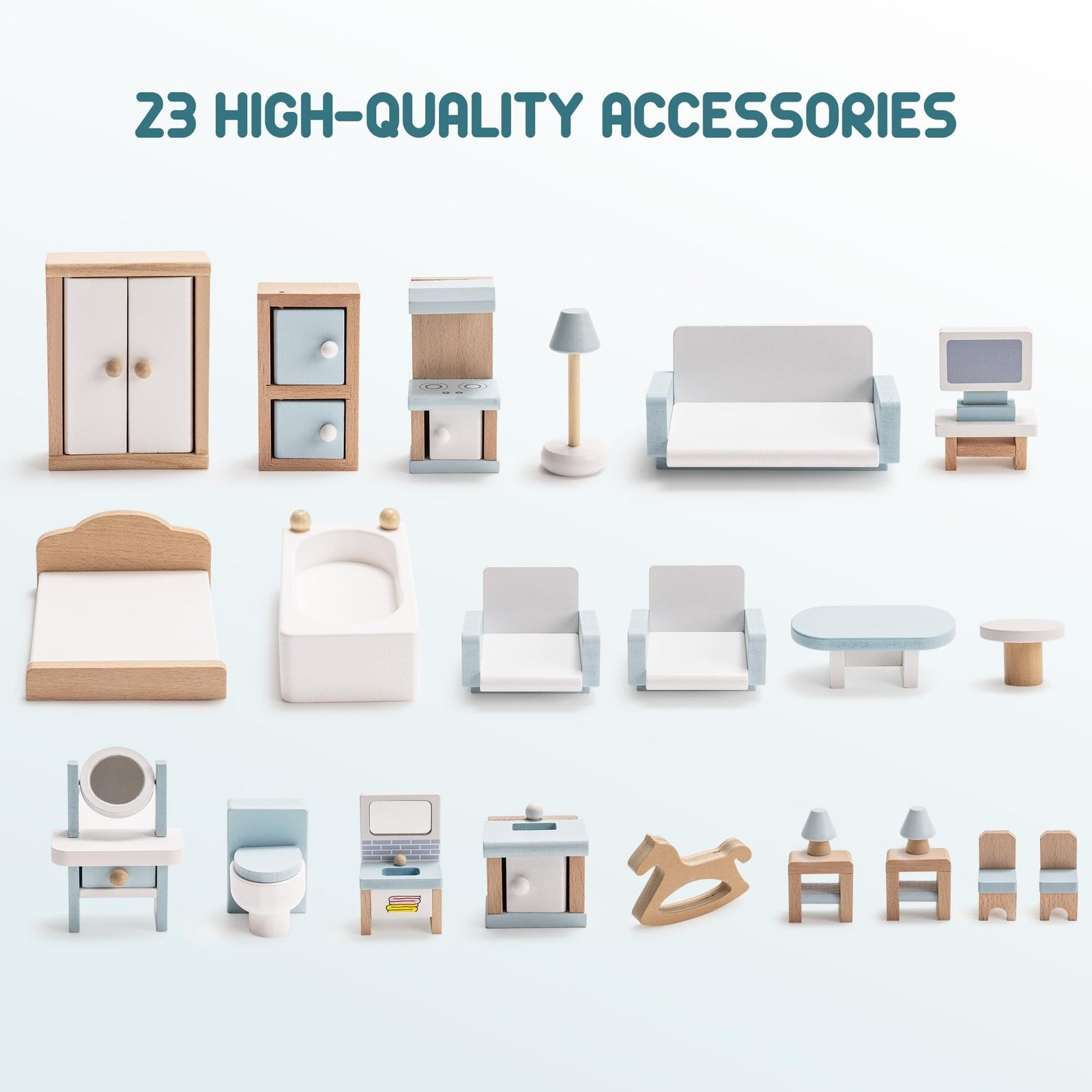 ROBOTIME 23-piece dollhouse furniture set with miniature wooden pieces in 1:12 scale, including beds, tables, and chairs.