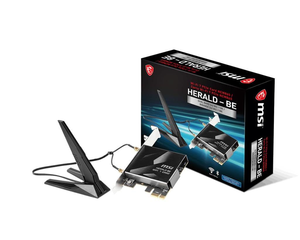 MSI Herald-BE Wi-Fi 7 MAX Wi-Fi 7, Bluetooth 5.4, PCIe network card with antennas and connectors.