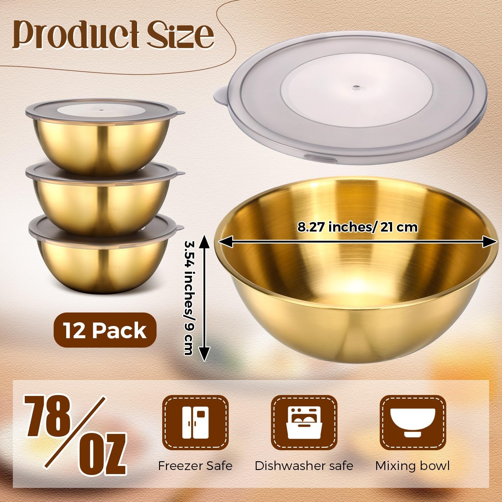 Nuogo 12-pack gold mixing bowls with airtight lids, 8.27 inches, shiny gold finish, ideal for serving and food prep.