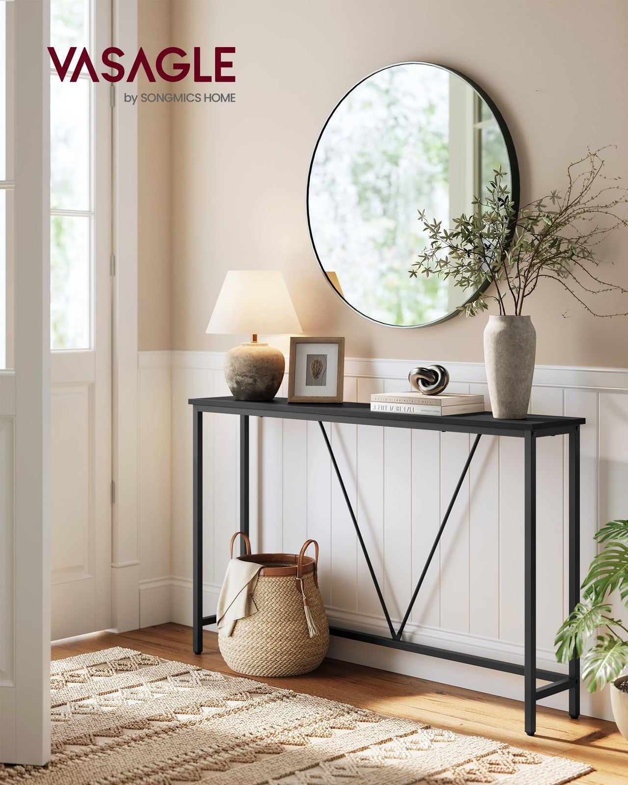 VASAGLE console sofa table with narrow design, ideal for entryways, living rooms, or bedrooms, showcasing a sleek, functional style.
