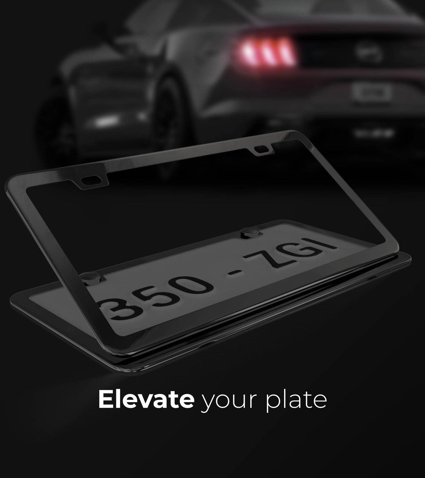 Deselen black titanium and gunmetal stainless steel license plate frame with sleek design for car customization.