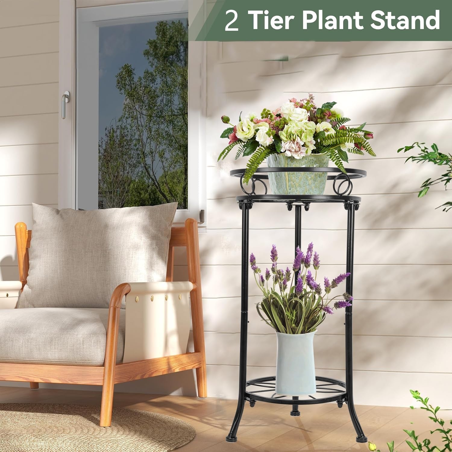 YHIJURS 2-pack 20.3-inch indoor outdoor metal plant stands, 2-tier tall plant stands with a black finish for indoor or outdoor use