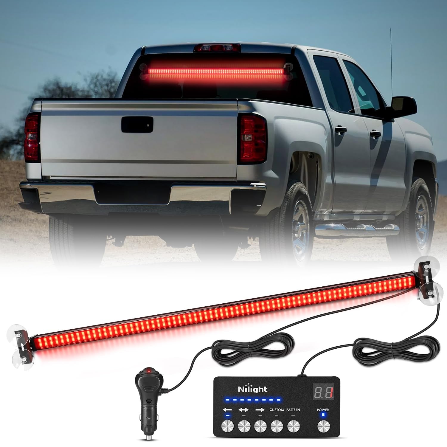 Nilight 144LED traffic advisor strobe light bar with controller, featuring red emergency lights for vehicle warning and safety.