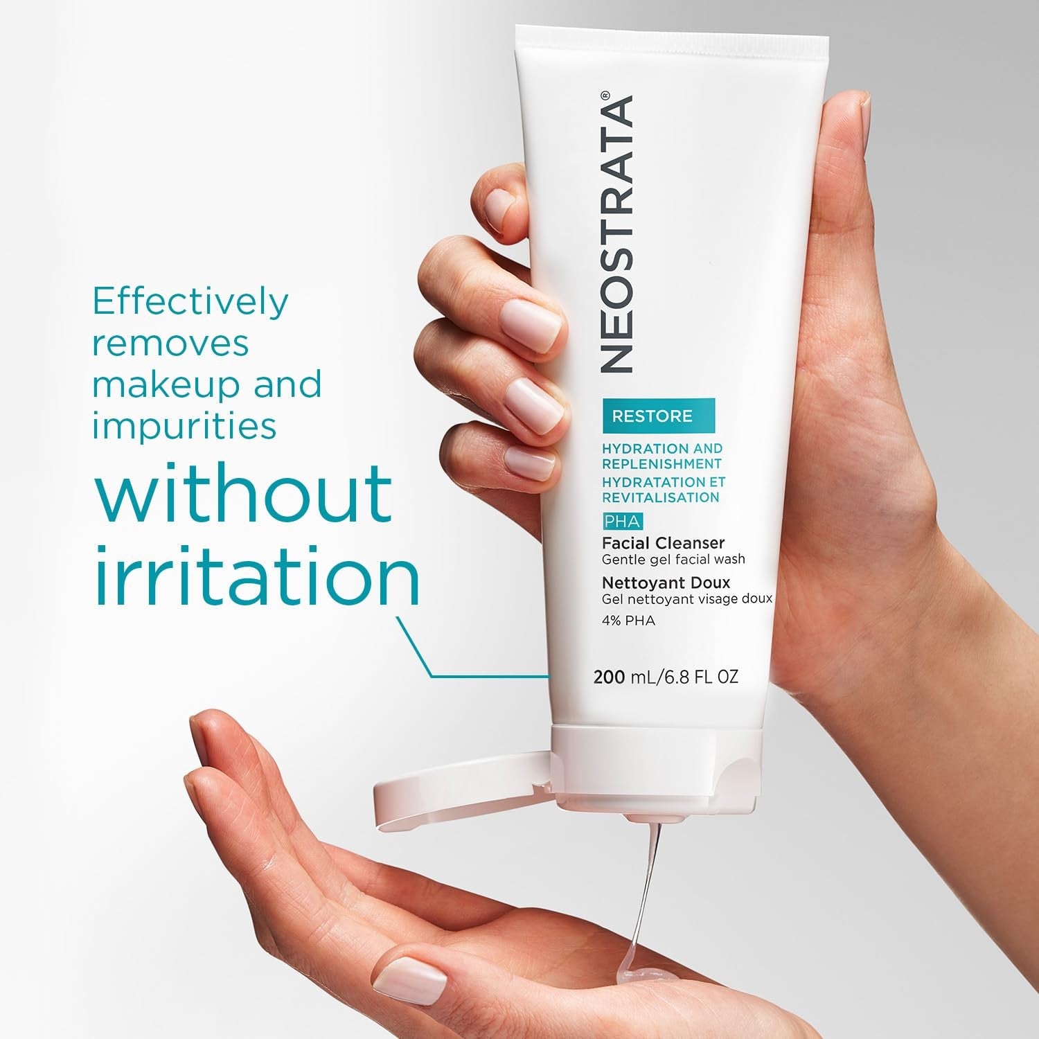NEOSTRATA PHA Facial Cleanser Gentle Gel with soap-free, fragrance-free formula, showing the clear gel in a white tube.