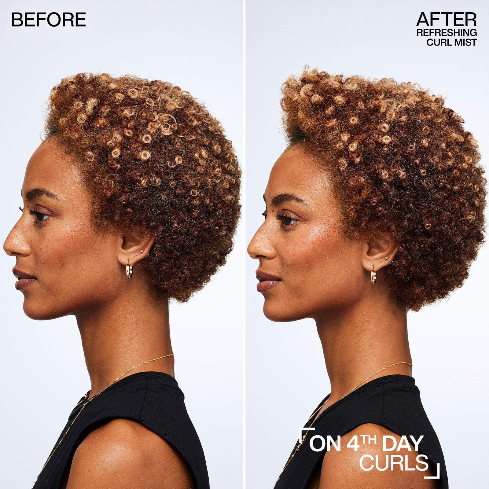 Redken Curl Refreshing Spray for curly and coily hair, showing a spray bottle with red and white label and curly hair strands.
