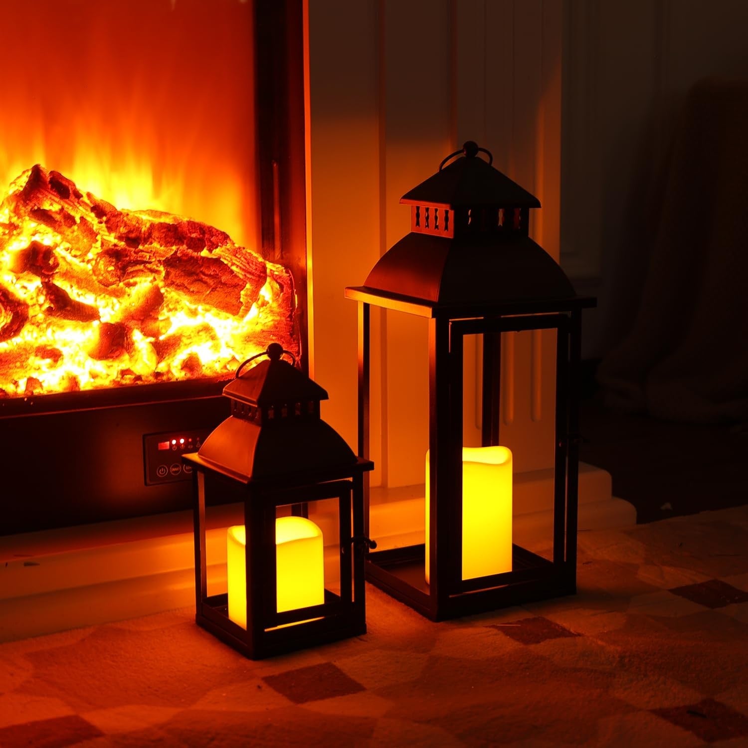 Set of two NEEDOMO LED lanterns with large bronze metal design, decorative outdoor and indoor lighting for ambiance and style.