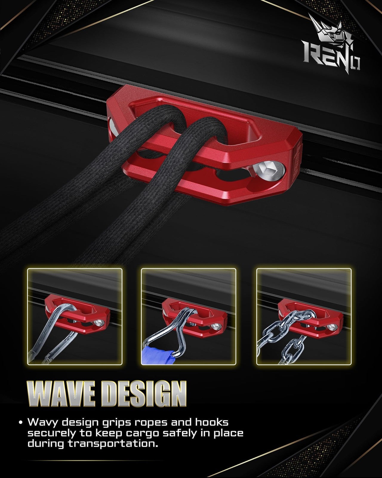 RENO bed rail cleats and tie-down anchors installed on a cargo trailer, designed for secure cargo ties on Tacoma, Tundra, and Gladiator trucks.