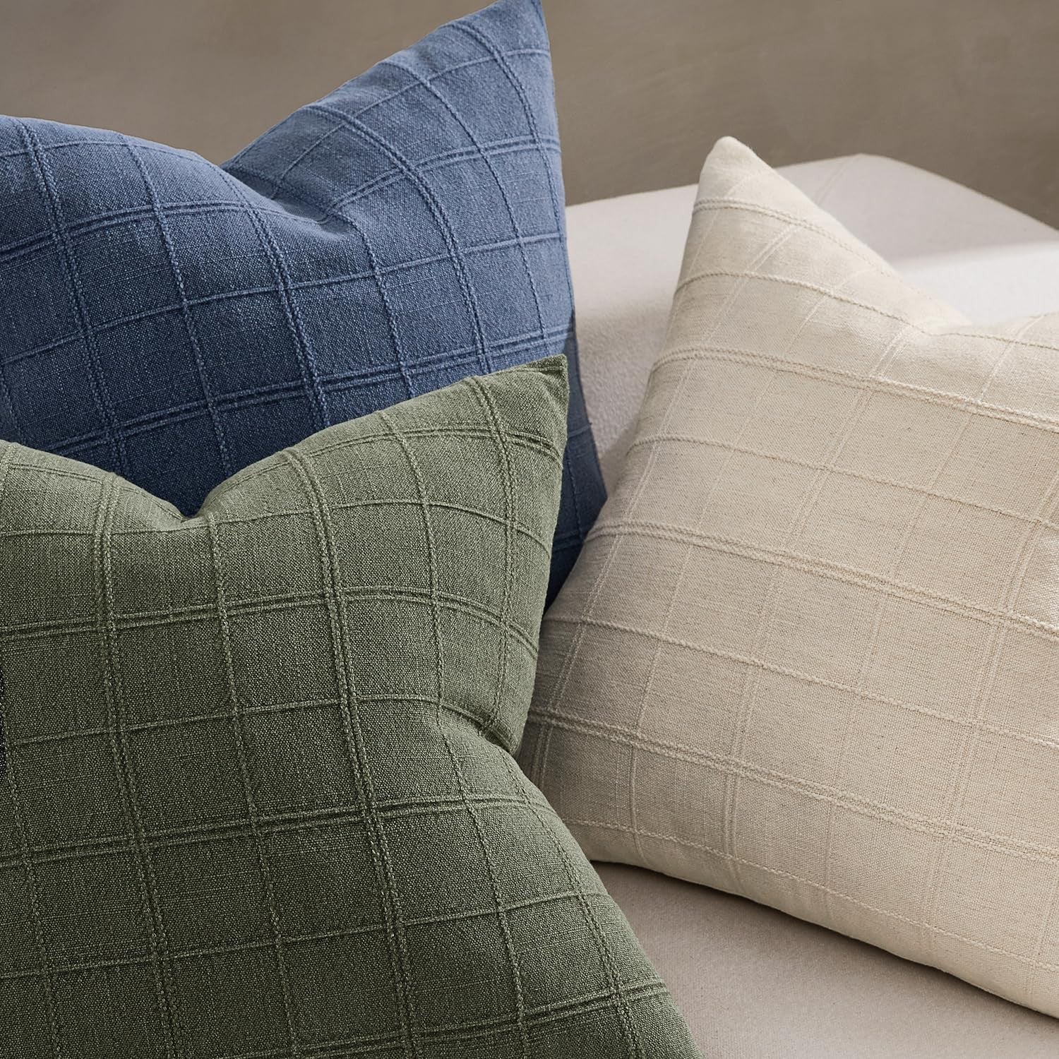 Set of two Woaboy linen check throw pillow covers in beige, 26x26 inches, farmhouse style with classic check pattern.