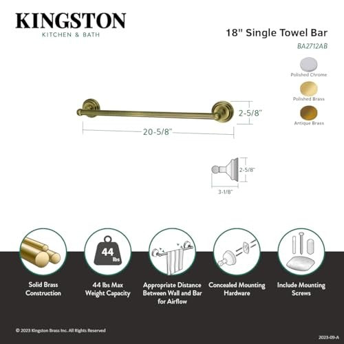 Kingston Brass Milano 18-inch polished chrome towel bar mounted on bathroom wall with visible mounting brackets.