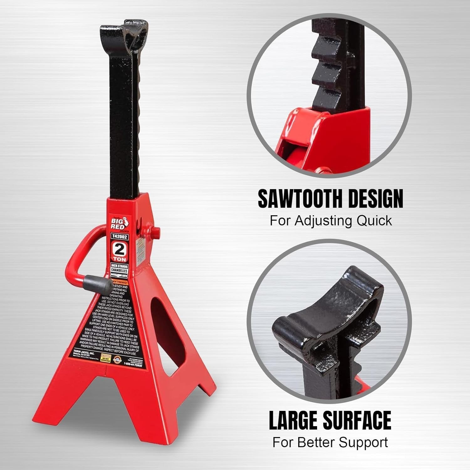 Two BIG RED 2-ton steel car jack stands with adjustable height, designed for automotive and sedan support.