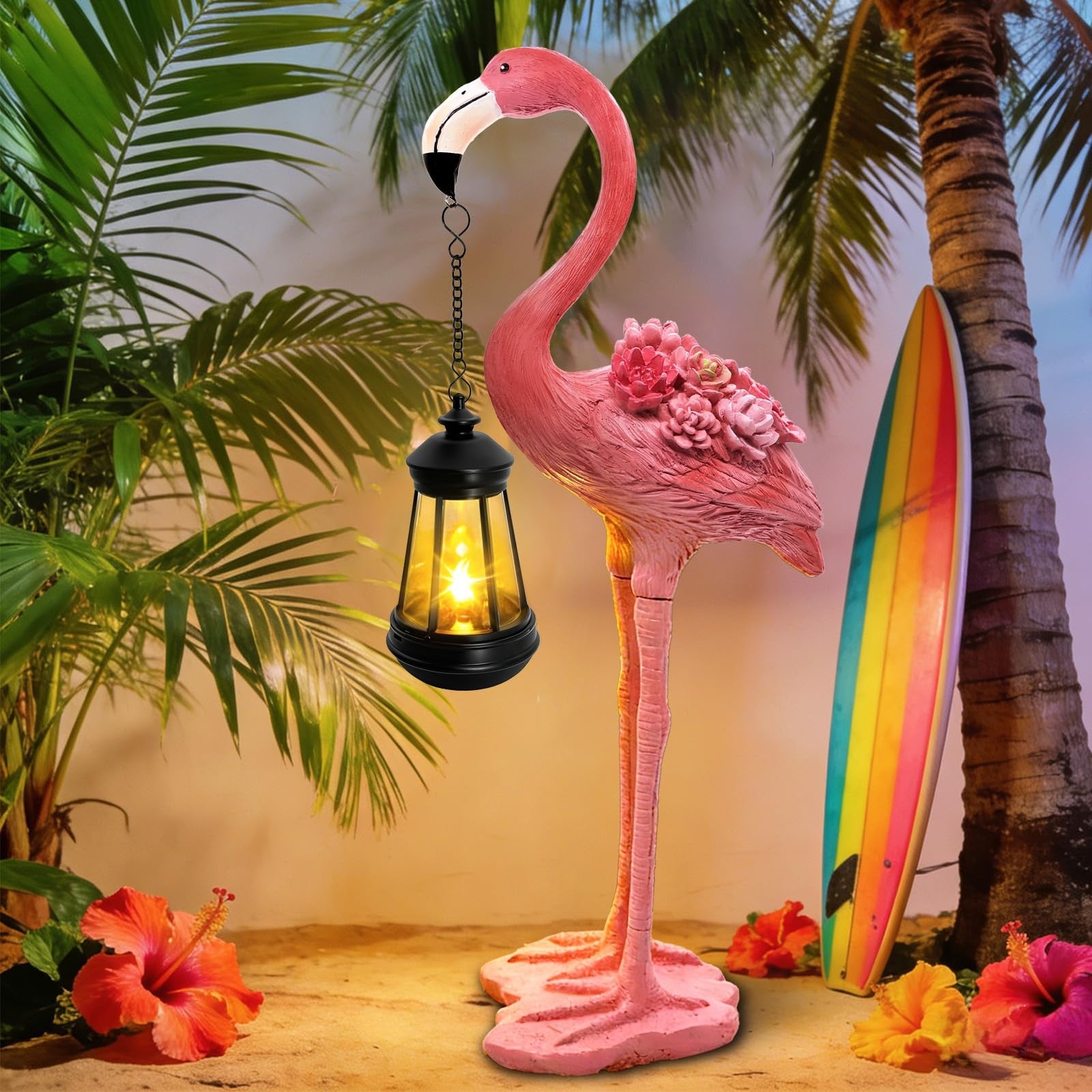 Yulloyello flamingo solar garden statue, 18.9-inch pink flamingo figurine with hanging solar lantern in a garden setting