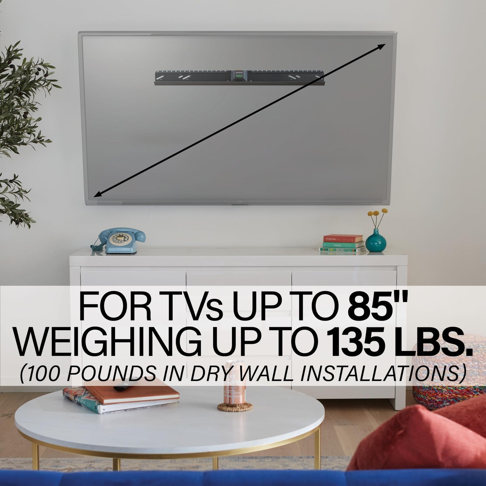 Sanus no drill, no stud TV wall mount for 32-85 inch TVs, securely holds up to 100 pounds, shown mounted on a wall.