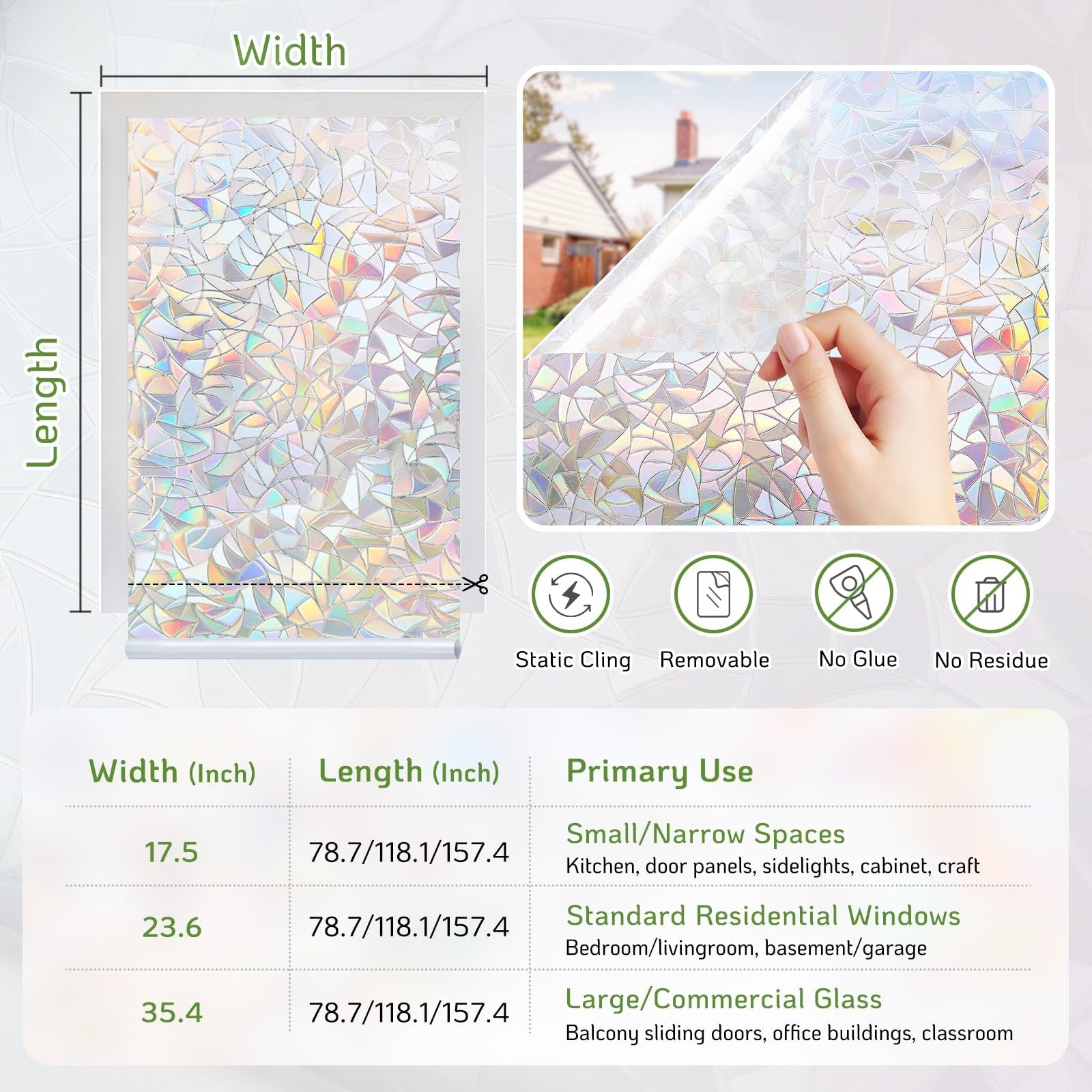 LUTE rainbow window privacy film with 3D stained glass design on a clear glass window, decorative and privacy-enhancing.