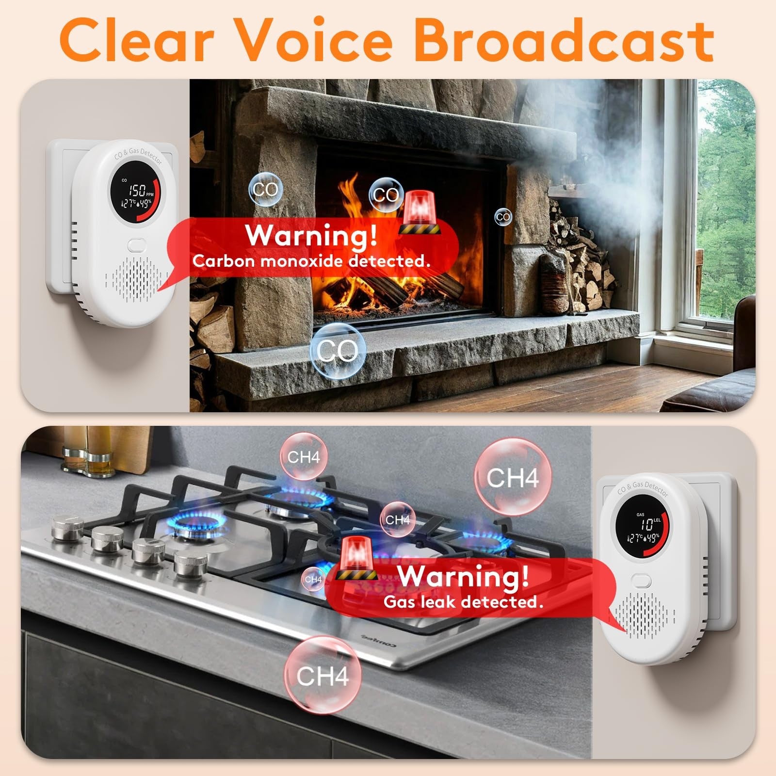 Zealme 4-in-1 carbon monoxide and natural gas leak detector with digital display and sensor, designed for home safety.