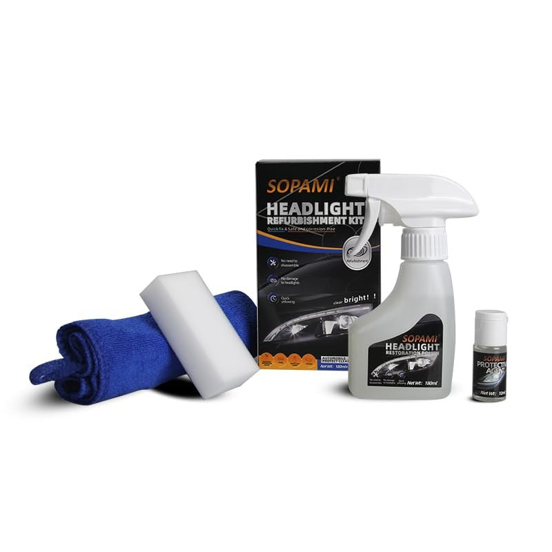 SOPAMI headlight restoration kit showing clear, restored car headlamps with improved brightness and clarity after cleaning.