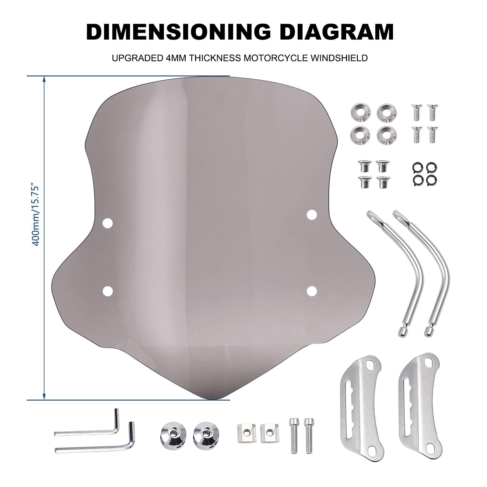 Mokuo universal motorcycle windshield in clear PC material, 4mm thick, with a sleek, aerodynamic design for enhanced riding comfort