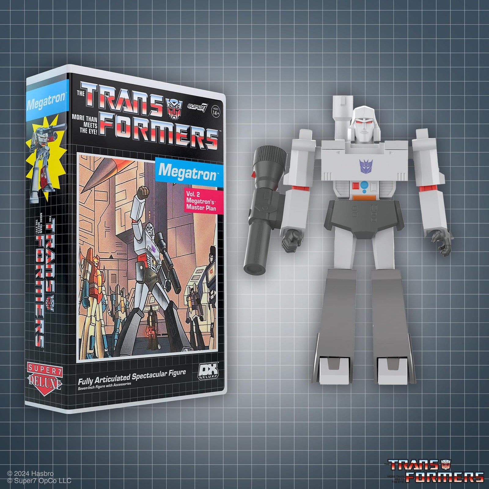 Super7 Transformers Deluxe Megatron action figure in VHS packaging, featuring detailed 7-inch robot with articulated parts.