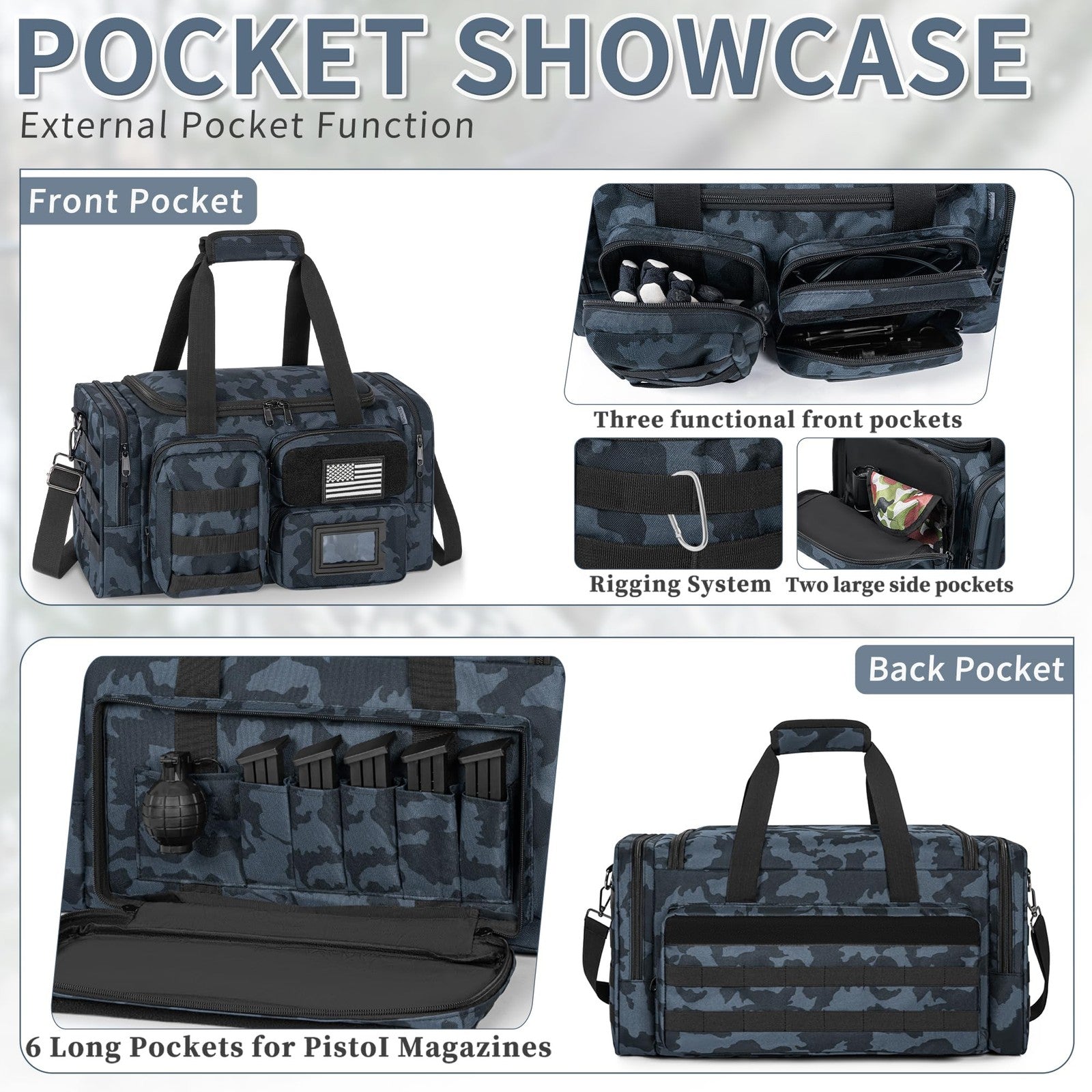 OUUTMEE tactical pistol range bag with multiple compartments, designed for 4 handguns and shooting gear, in durable black fabric.