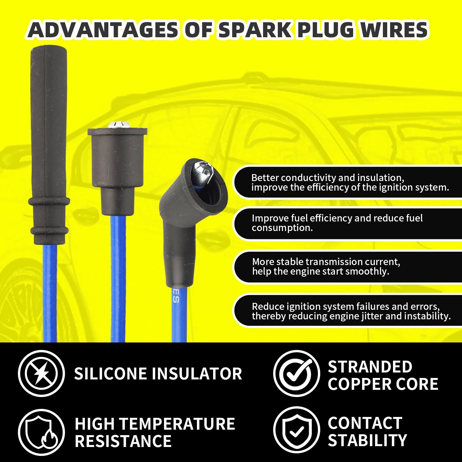 Set of 4 MOAUTO iridium spark plugs with wires, model 671-4138, for automotive engine performance and ignition system.