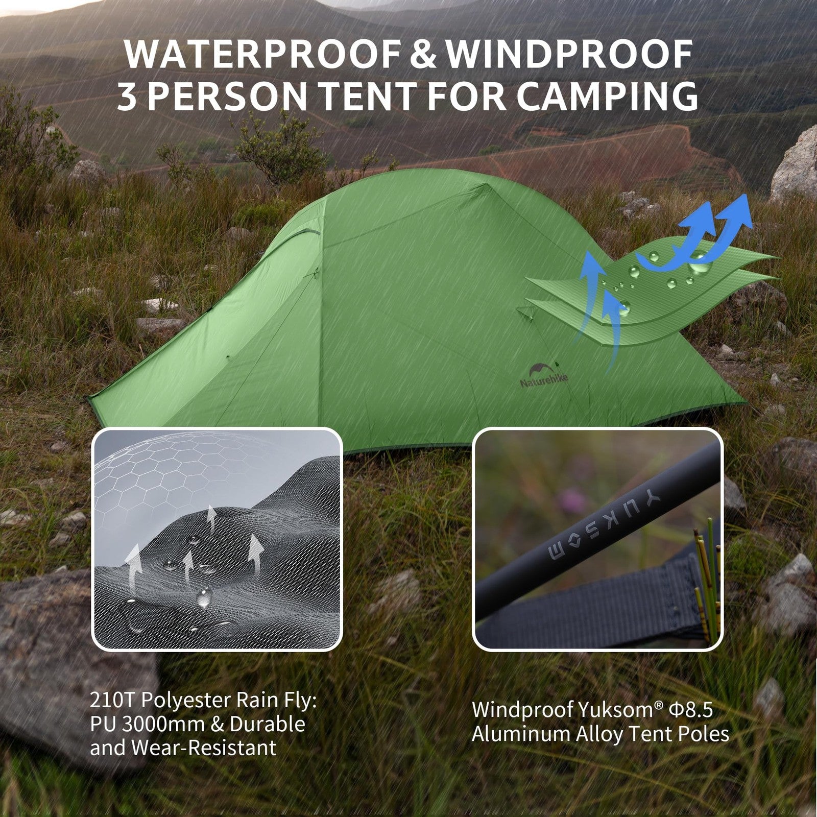 Naturehike Cloud Up 3-person backpacking tent footprint for 3-season use, showing durable ground protection and lightweight design.
