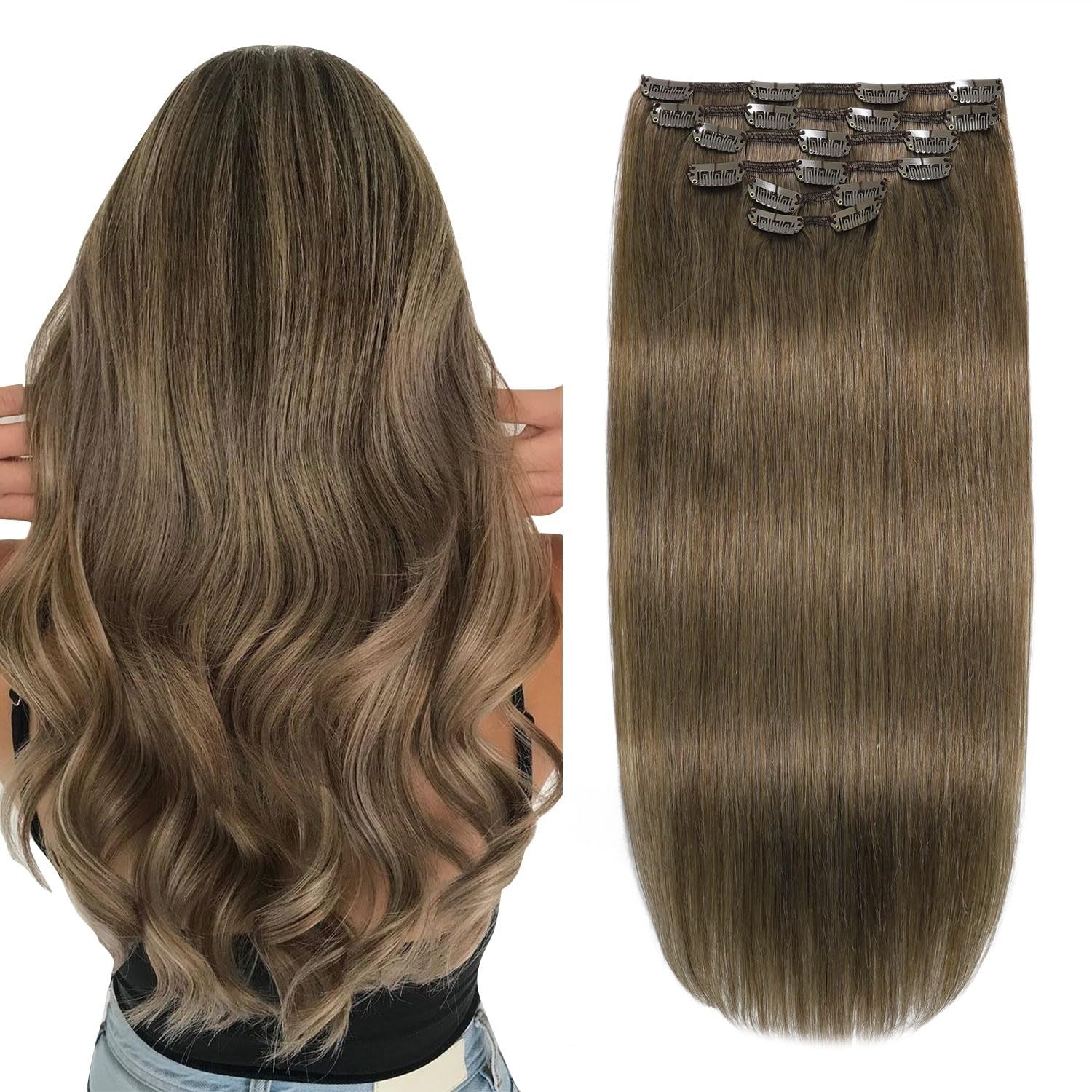 XDhair 14-inch ash brown straight real human hair clip-in extensions, 100g, shown in natural straight style.