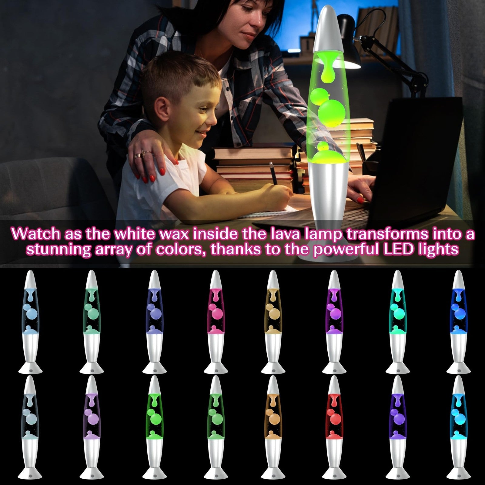 JAMBO 17-color changing LED motion lamp with remote control, 13-inch LED light for kids and teens, displayed on a surface.