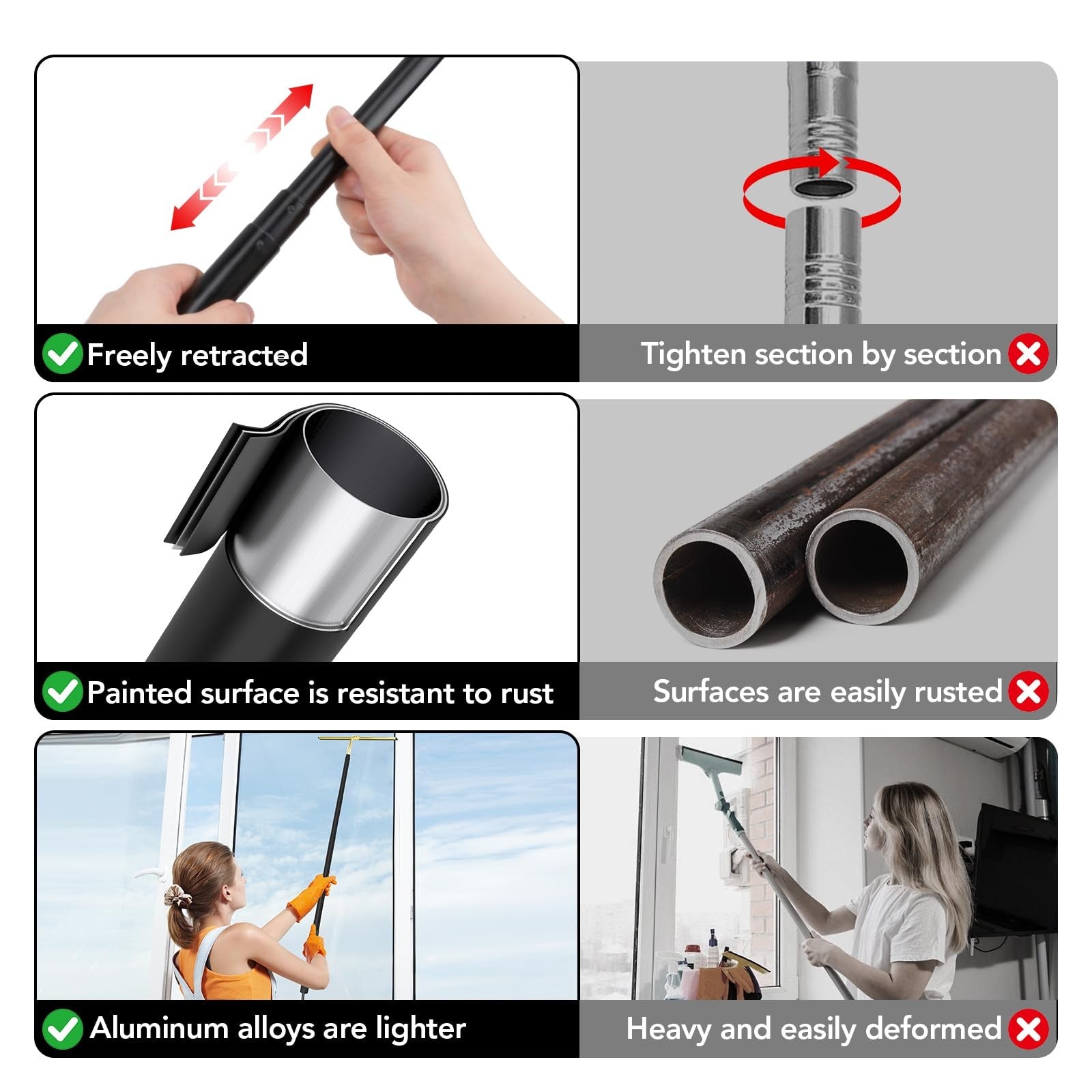 Rakovar shower squeegee with long telescopic handle extended for window and glass cleaning, adjustable from 15 to 51 inches.