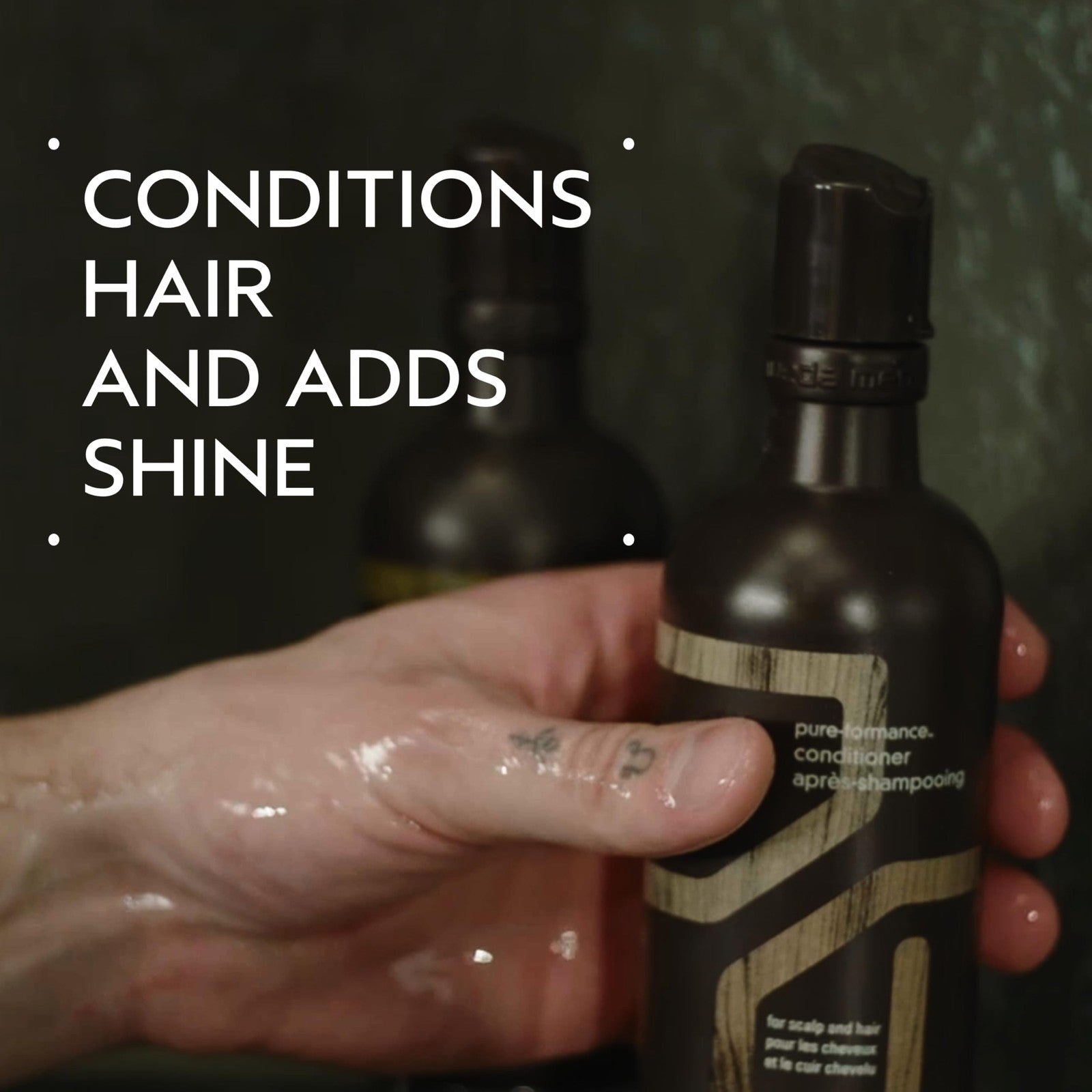 Aveda Men Pure-Formance Conditioner bottle with 33.8 oz size, lightweight formula for all hair types, visible label on the bottle