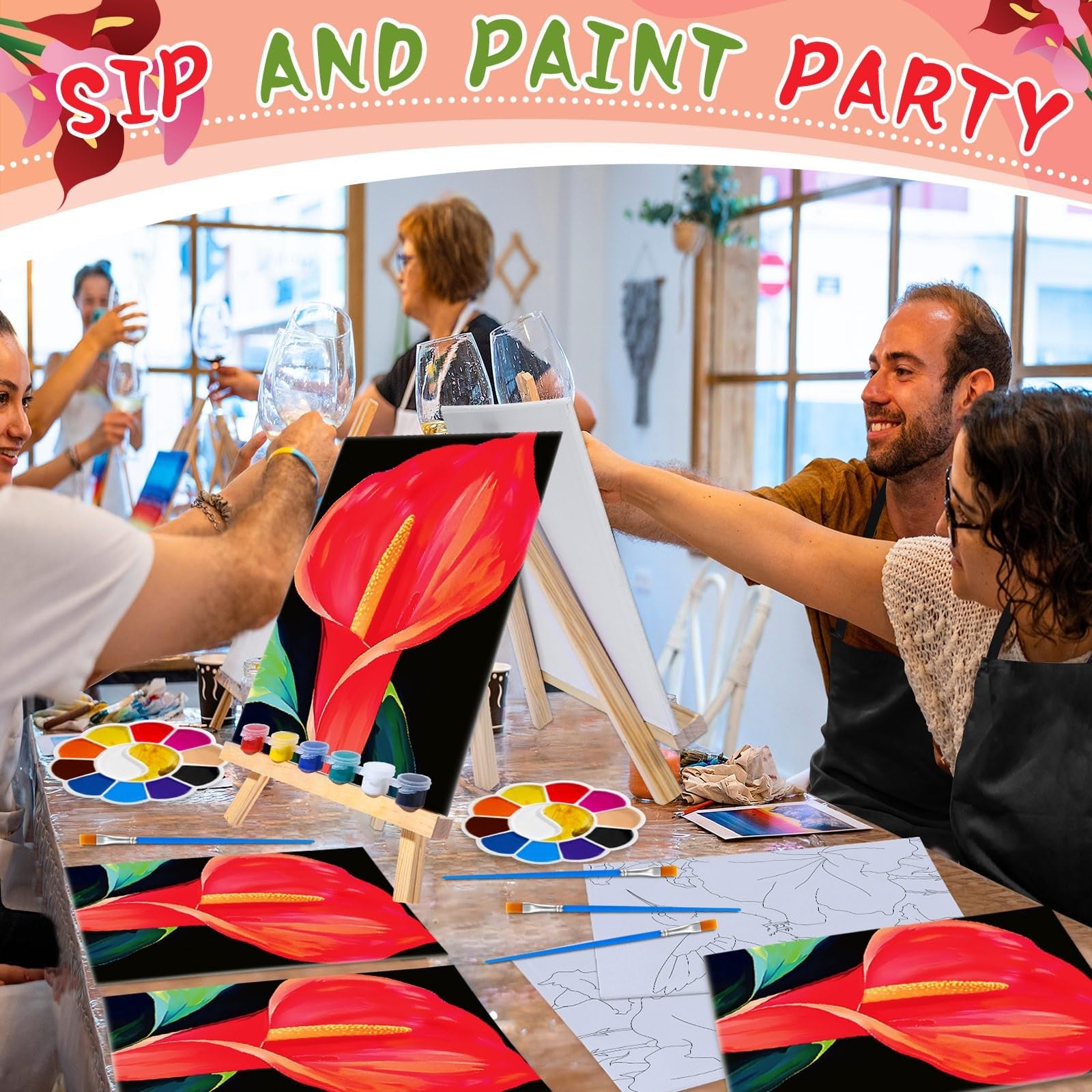 Motipuns 6-piece pre-drawn canvas painting set for adults, part of sip and paint kit with colorful artwork images.