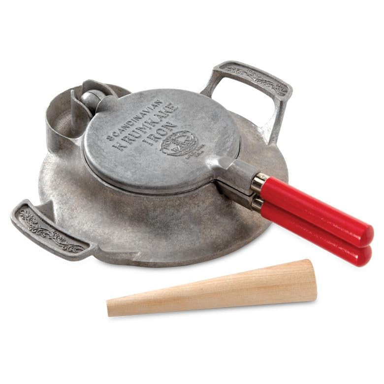 Nordic Ware Norwegian Krumkake and Pizzelle Iron, silver-colored baking iron with wooden handle for making traditional cookies