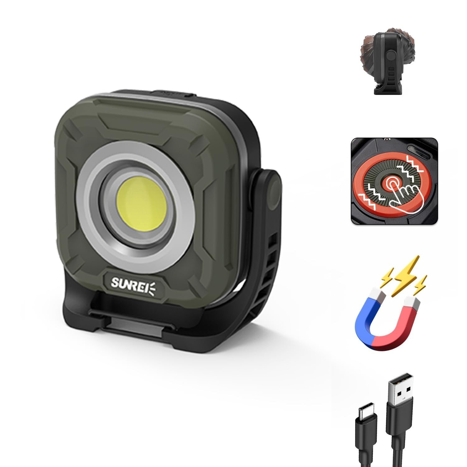 SUNREI 1300LM LED magnetic work light with stepless dimming and COB mechanic design, featuring a 7800mAh rechargeable battery.