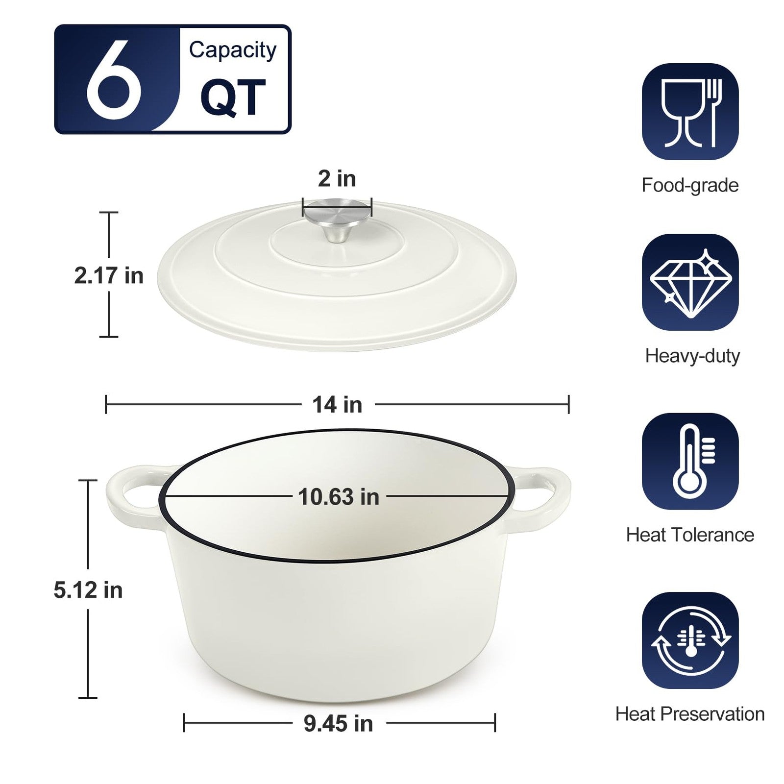 P&P CHEF 6QT enameled cast iron Dutch oven with lid, ideal for baking bread and slow cooking.