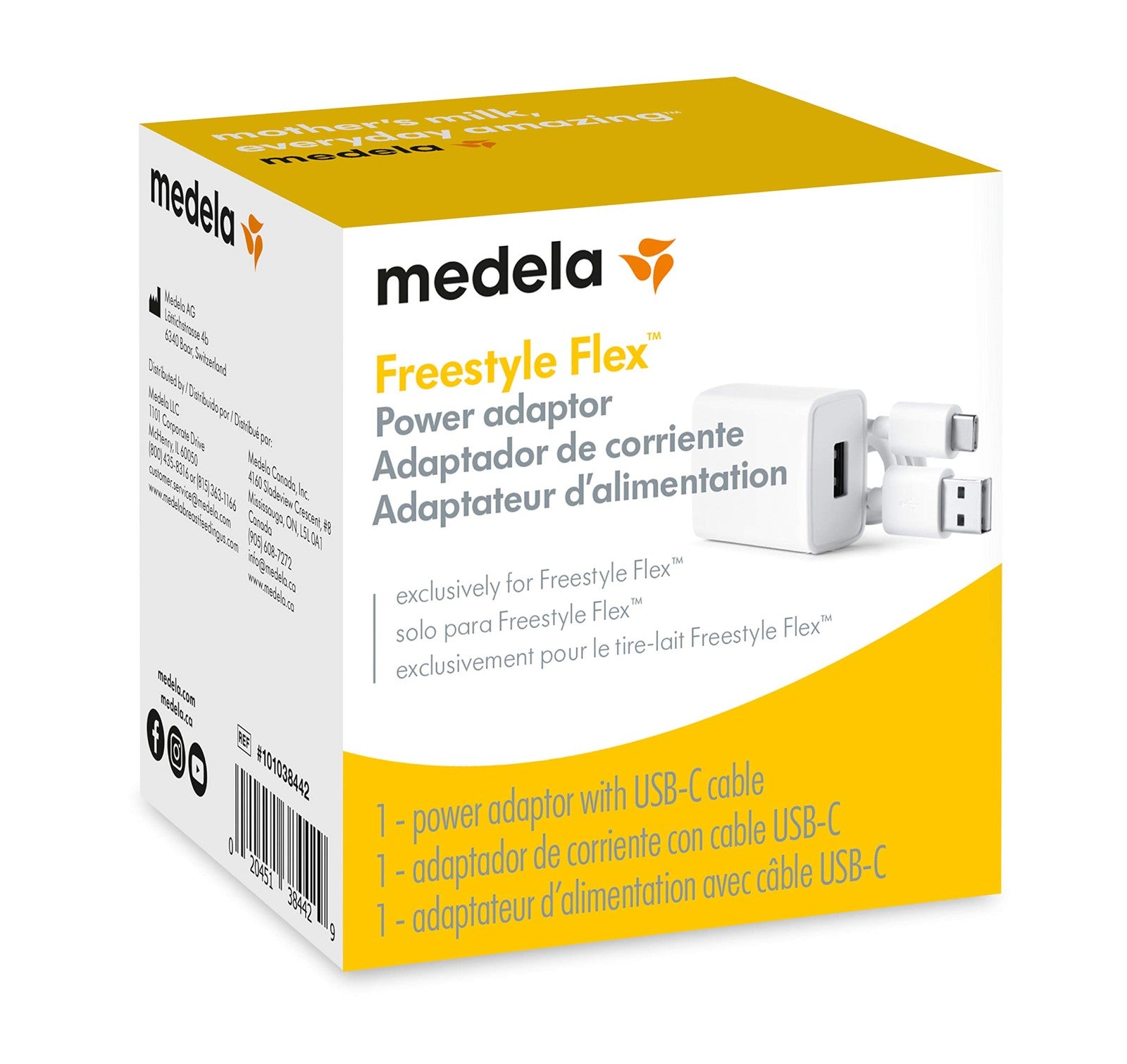 Medela Freestyle Flex replacement power adaptor with USB Type C cable for breast pump, spare power supply in black.