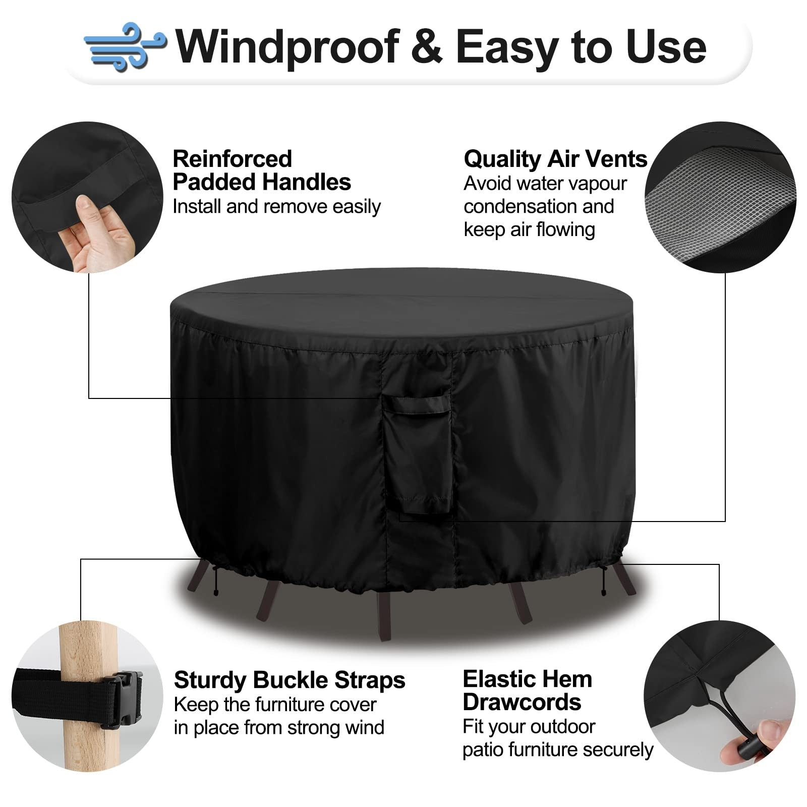 OutdoorLines waterproof patio table furniture set cover for round outdoor couches, protecting outdoor furniture from weather.