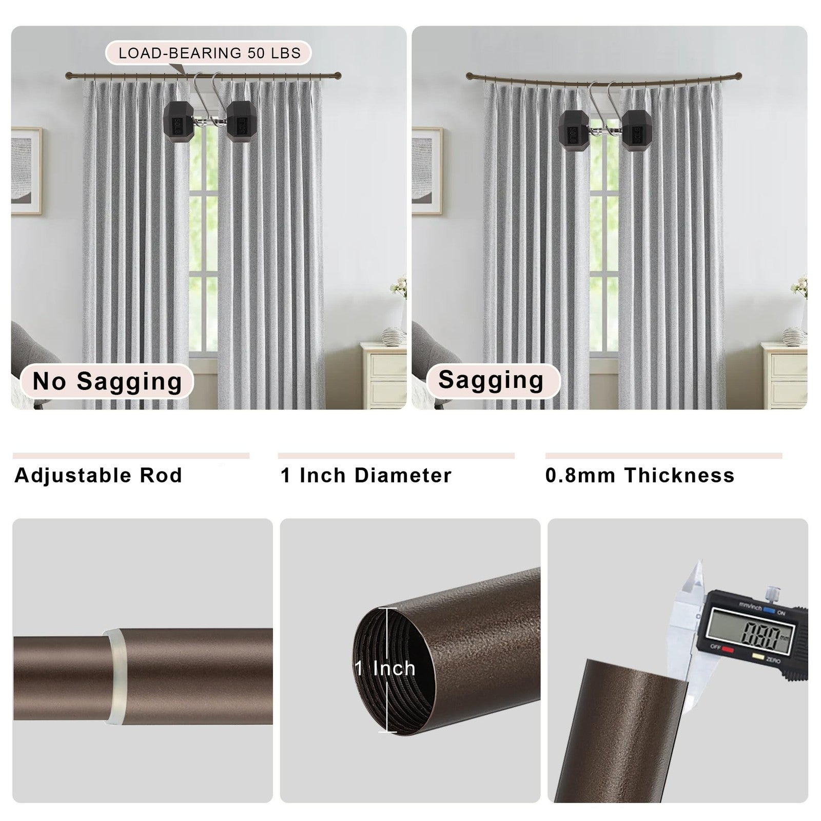 Dark bronze Lwiiom 2-pack 1-inch disc curtain rods for windows 28-48 inches, featuring sleek metal design for stylish window treatment.