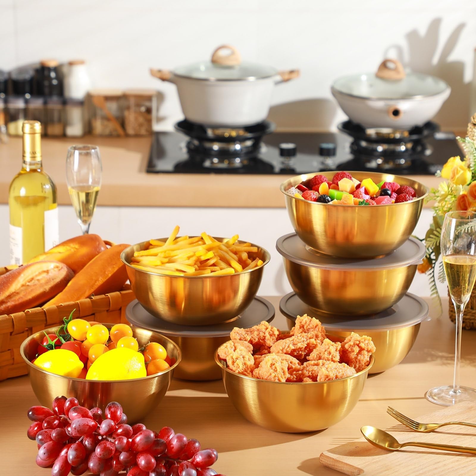 Nuogo 12-pack gold mixing bowls with airtight lids, 8.27 inches, featuring a stylish gold finish and versatile serving options.
