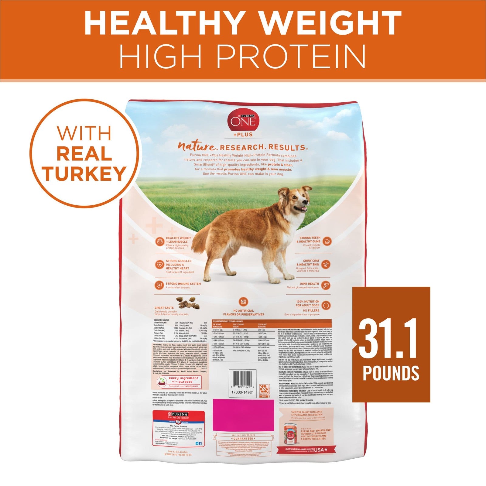 Bag of Purina ONE Healthy Weight High-Protein Dry Dog Food showing the 31.1 lb packaging with branding and product details.