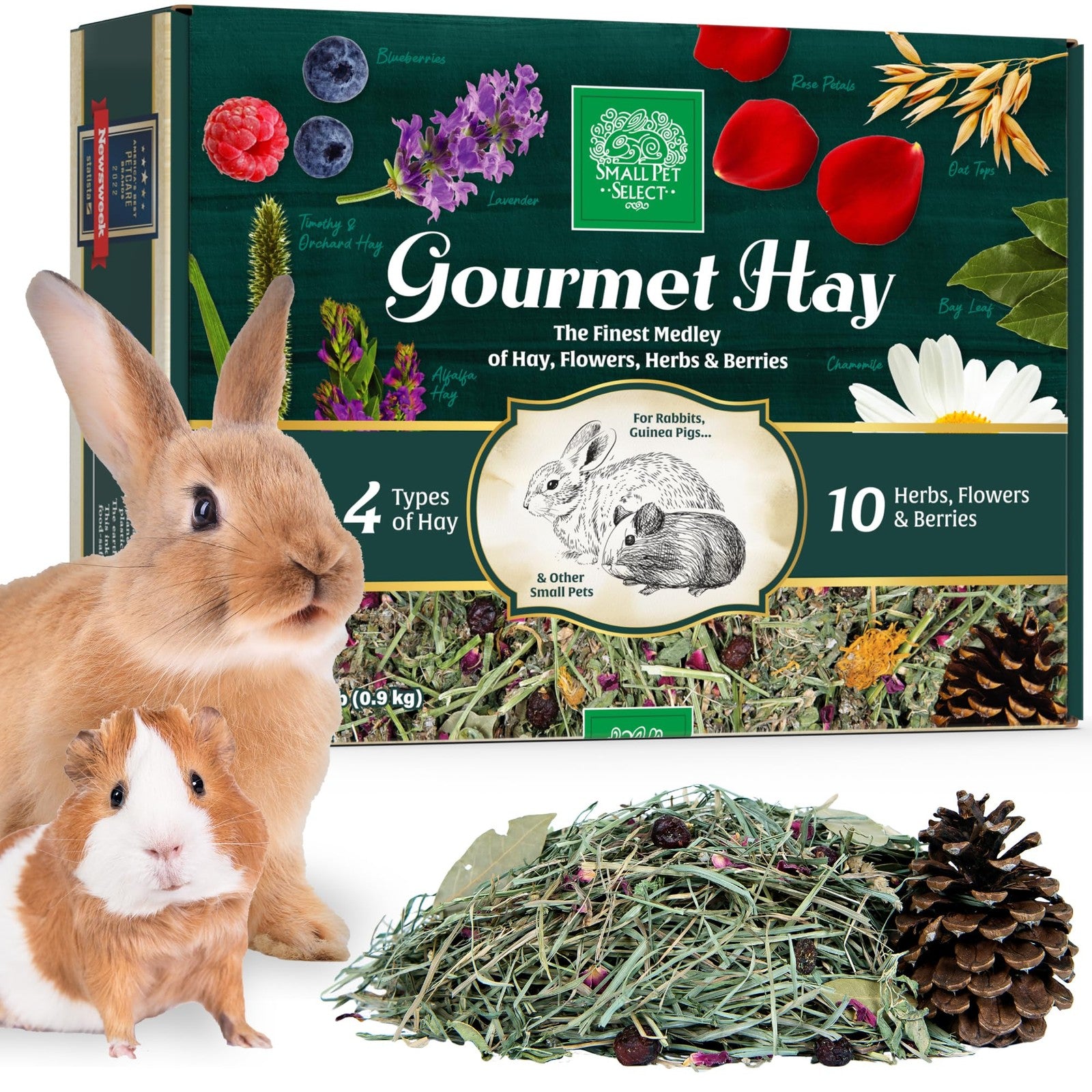 Small Pet Select gourmet hay pet food with flowers and herbs, featuring fresh, colorful hay for small animals.