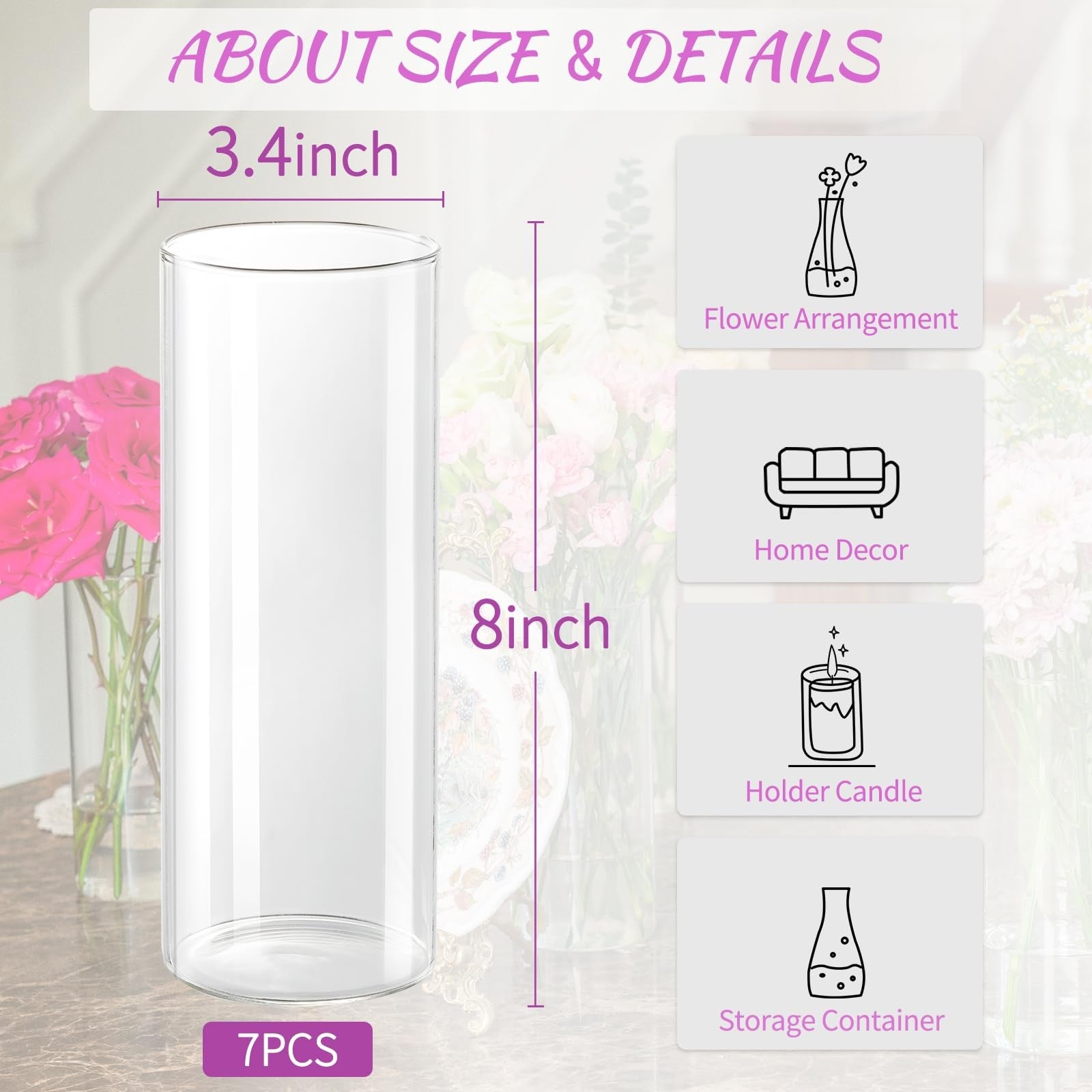 Set of 7 tall DYMFADFB glass cylinder vases, 8 inches high, ideal for centerpieces, clear cylindrical glass design.