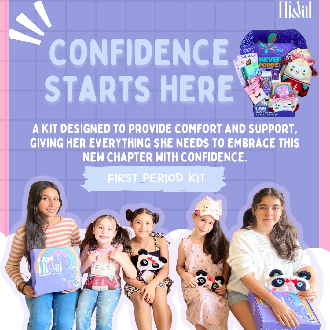 ELI&VAL first period kit for girls aged 9-12, showing tampons, pads, and educational materials in a tween's bathroom setting.