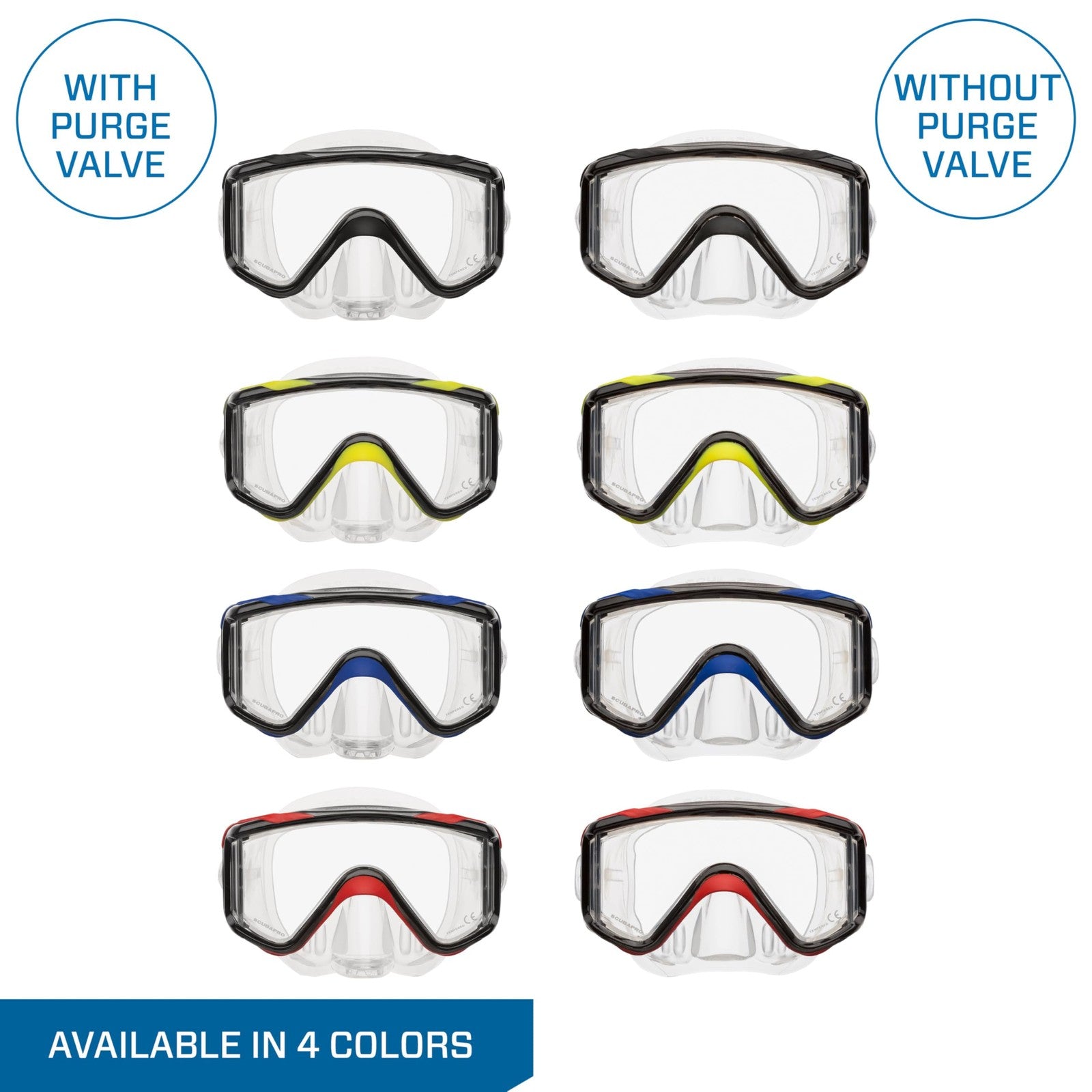 SCUBAPRO Crystal Vu Plus scuba mask with purge valve and ultra clear tri lens, featuring a wide silicone skirt for a comfortable fit.