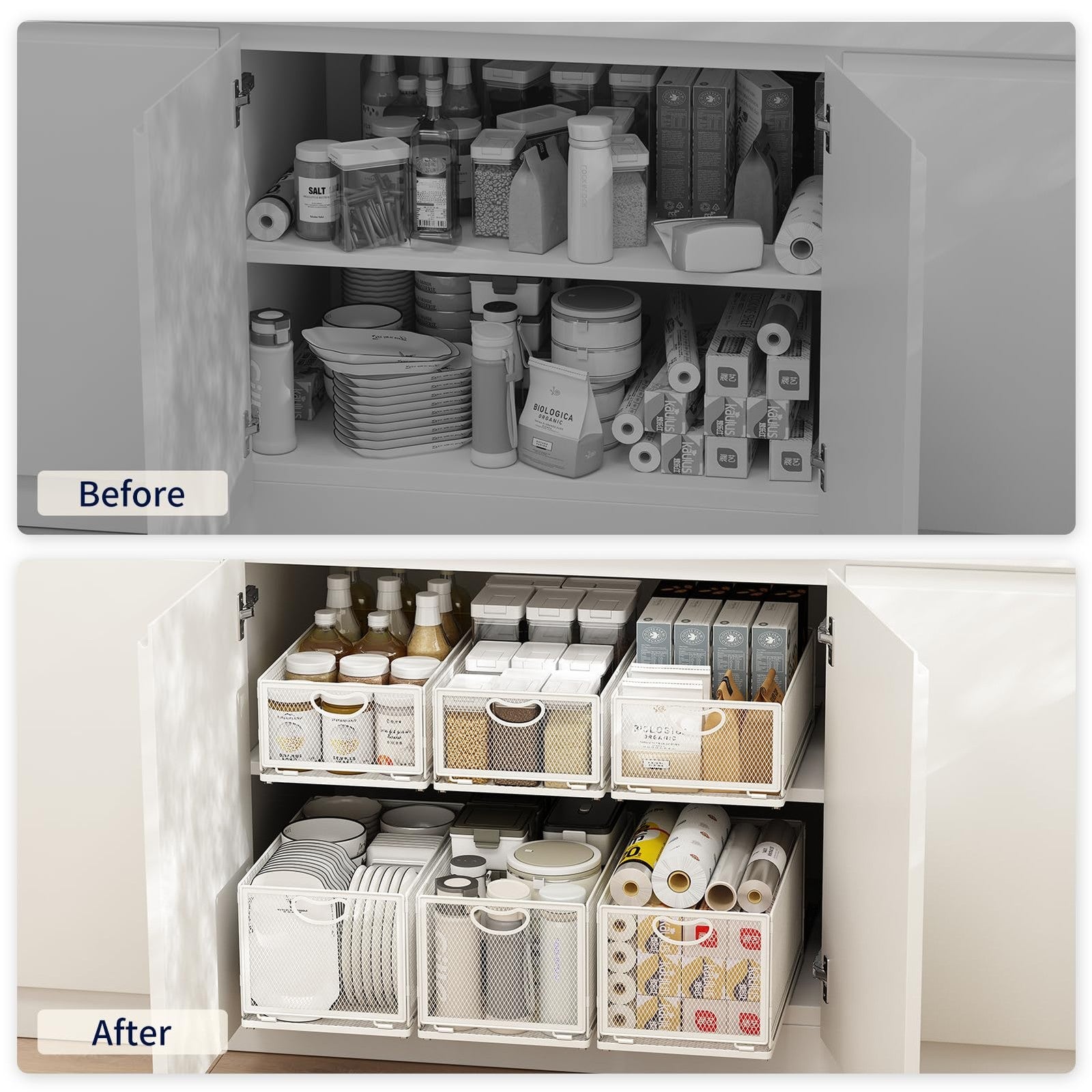 AmzAge pull-out cabinet organizer with sliding drawers and no-drill adhesive installation, designed for kitchen storage.