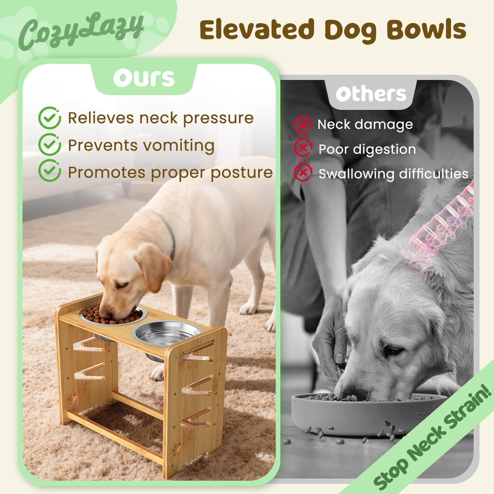 CozyLazy elevated dog bowls on adjustable stand, suitable for large and medium dogs, with stainless steel bowls and modern design.