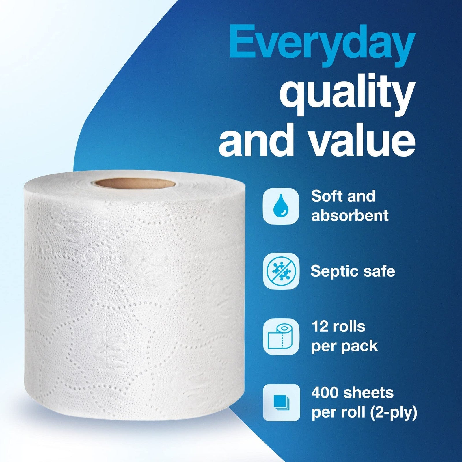 Tork premium 2-ply bath tissue roll, extra soft toilet paper, 12-pack, with white, textured paper rolls stacked together.